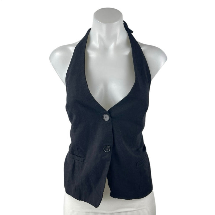 Zara Women's Black Linen Halter Tie Back Sleeveless Button Vest Tank Top Size M