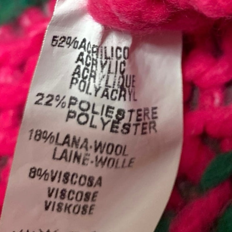 Moment Pink Green Wool Crochet Knit Striped Long Sleeve V Neck Sweater Size S