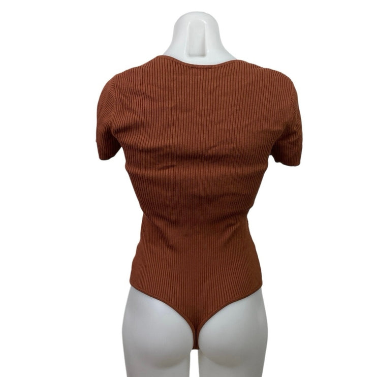 Abercrombie & Fitch Brown Ribbed Knit Square Neck Thong Bodysuit Top Size M