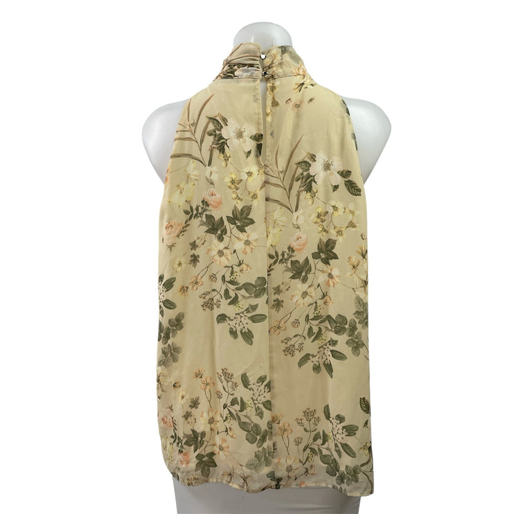 Calvin Klein Womens Yellow Green Floral Sleeveless Halter Tie Neck Blouse Top M