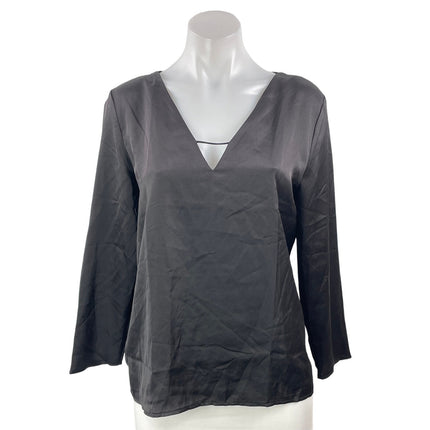 MNG Mango Women's Black Satin Silk Long Sleeve Deep V Neck Blouse Top Size XS
