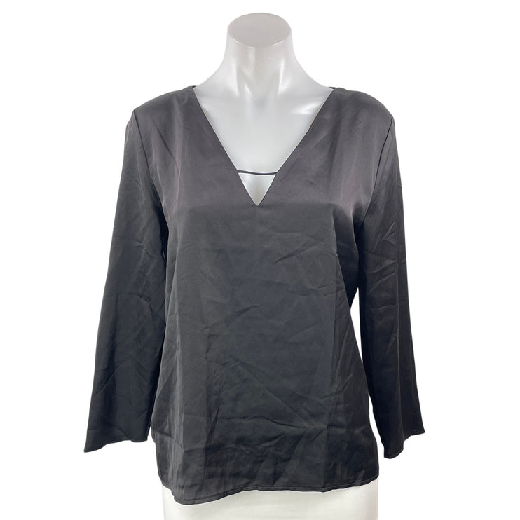 MNG Mango Women's Black Satin Silk Long Sleeve Deep V Neck Blouse Top Size XS