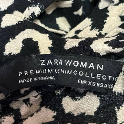 ZARA Black Cream Leopard Animal Print Long Sleeve Ruffle Mini A-line Dress XS