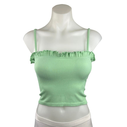 Zara Green Ruffle Ribbed Knit Spaghetti Strap Square Neck Crop Top Size M/L