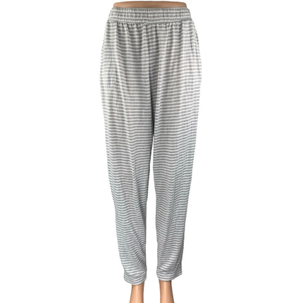 Tahari Women's Gray White Striped Straight High Waist Trousers Lounge Pants Sz L