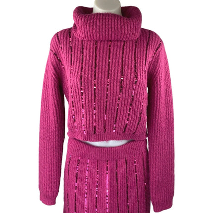 Cider Pink Wool Sequin Long Sleeve Knit 2pc Sweater Skirt Matching Set Size XS