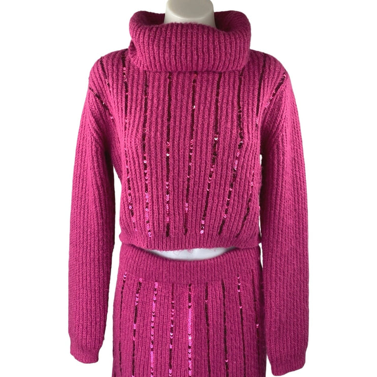 Cider Pink Wool Sequin Long Sleeve Knit 2pc Sweater Skirt Matching Set Size XS