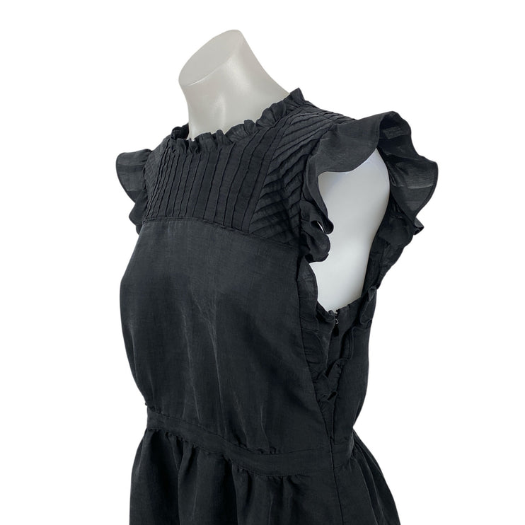 Club Monaco Black Ruffle Sleeve Mock Neck Pintucked Fit & Flare Mini Dress Sz 6