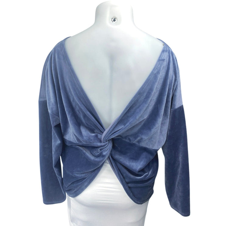 Fashion Nova Blue Velvet Velour Long Sleeve Open Twisted Back Blouse Top Size L