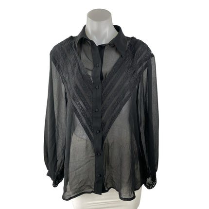 Topshop Black Sheer V-shaped Lace Panel Mesh Long Sleeve Button Up Shirt Top 6