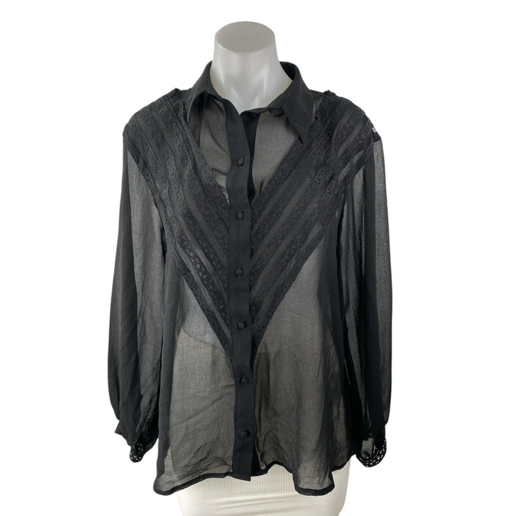 Topshop Black Sheer V-shaped Lace Panel Mesh Long Sleeve Button Up Shirt Top 6