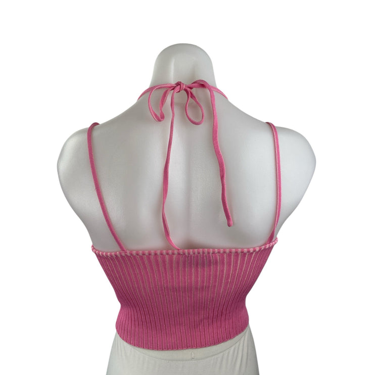 Geel Women's Pink Ribbed Knit Strappy Halter V Neck Cami Tank Crop Top Size M