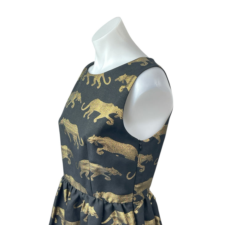 Anthropologie Eyedoll Black Gold Panther Sleeveless Fit & Flare Mini Dress Sz S