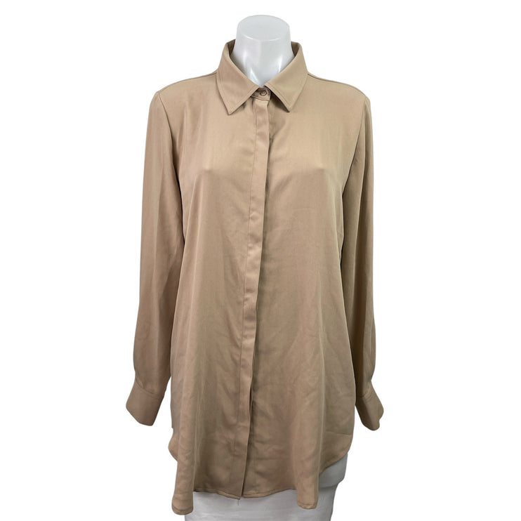 Tahari Women's Brown Long Sleeve Collared Button Down Relaxed Shirt Tunic Top M