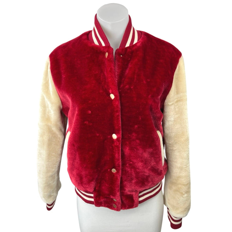 Dance & Marvel Red Velvet Velour Snap Button Down Varsity Bomber Coat Jacket S