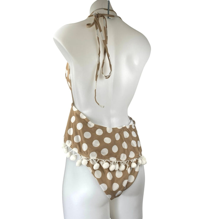 Boohoo Tan White Polka Dot Sleeveless Pom Pom Camisole One Piece Swimwear Sz 14