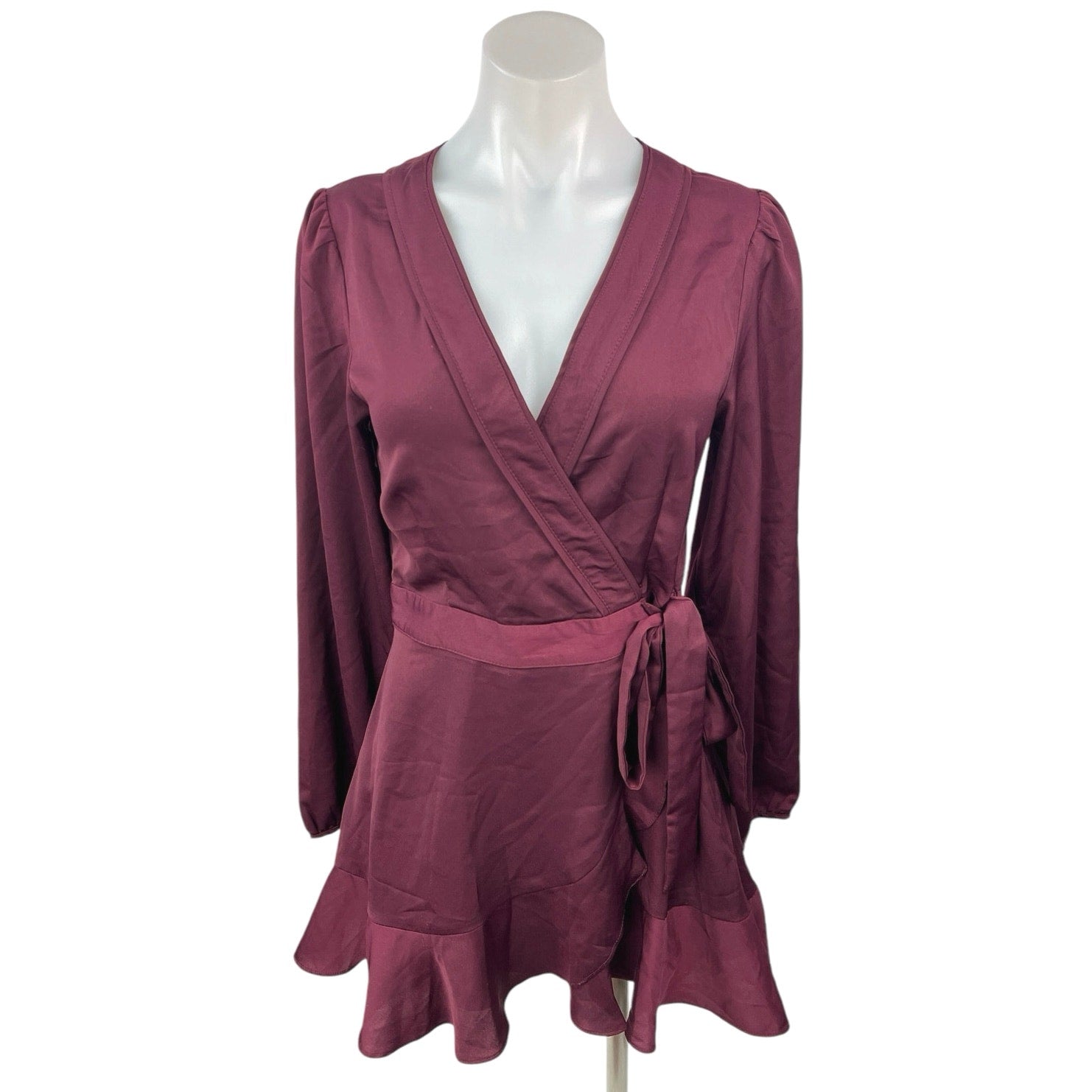 lulus wrap dress Lulus Red Maroon Long Sleeve V Neck Cocktail A Line Mini Wrap Dress Si – Brie