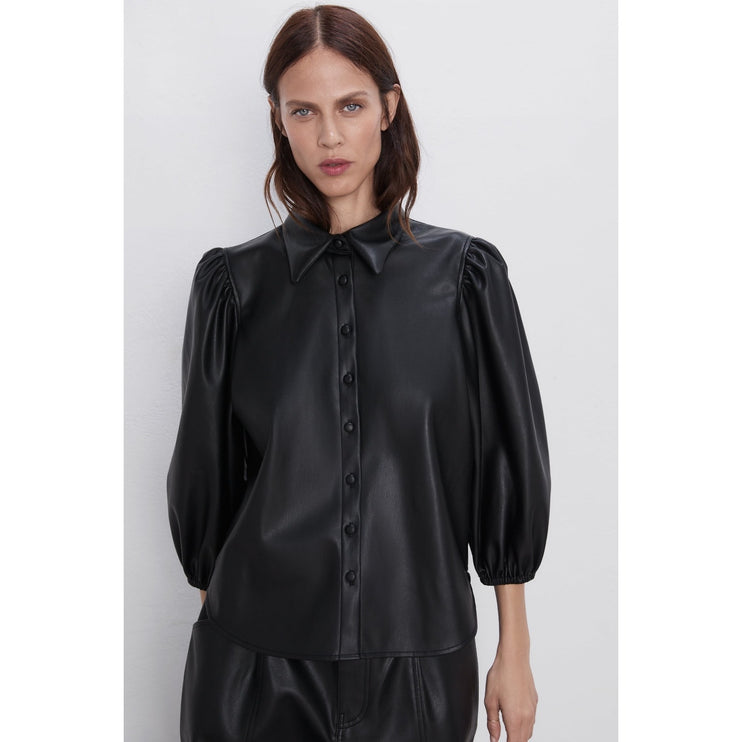 Zara Black Faux Leather Puff Sleeve Button-Up Collared 3/4 Sleeve Shirt Top Sz S