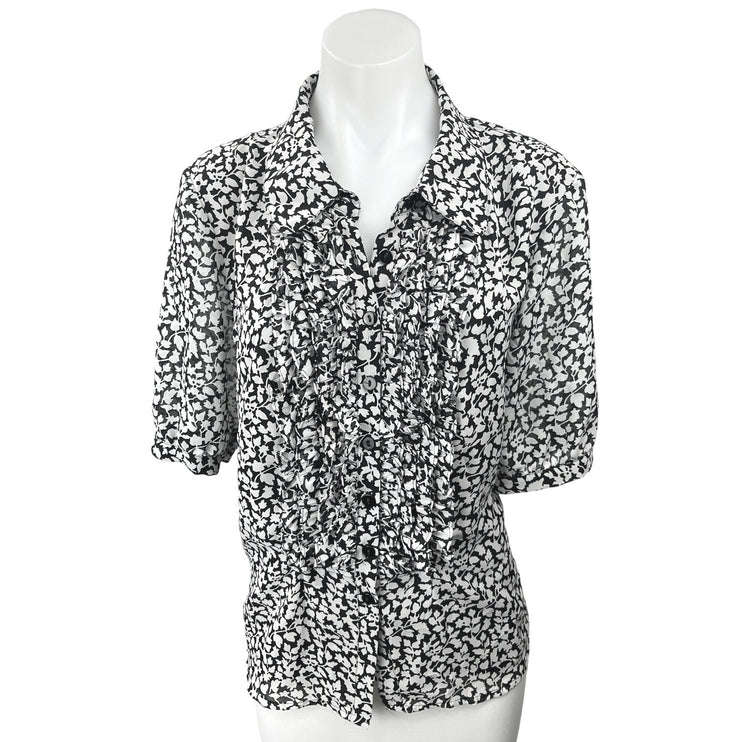 Vintage Linea by Louis Dell'Olio Black White Floral Button Up Blouse Top Size L