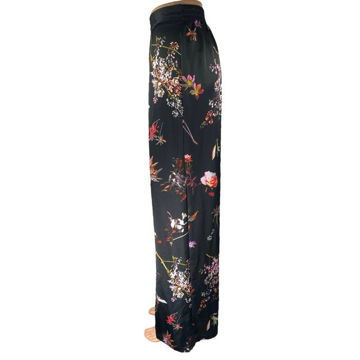 Victoria's Secret Black Silky Satin Floral Pleated Wide Leg Trousers Pants Sz XS