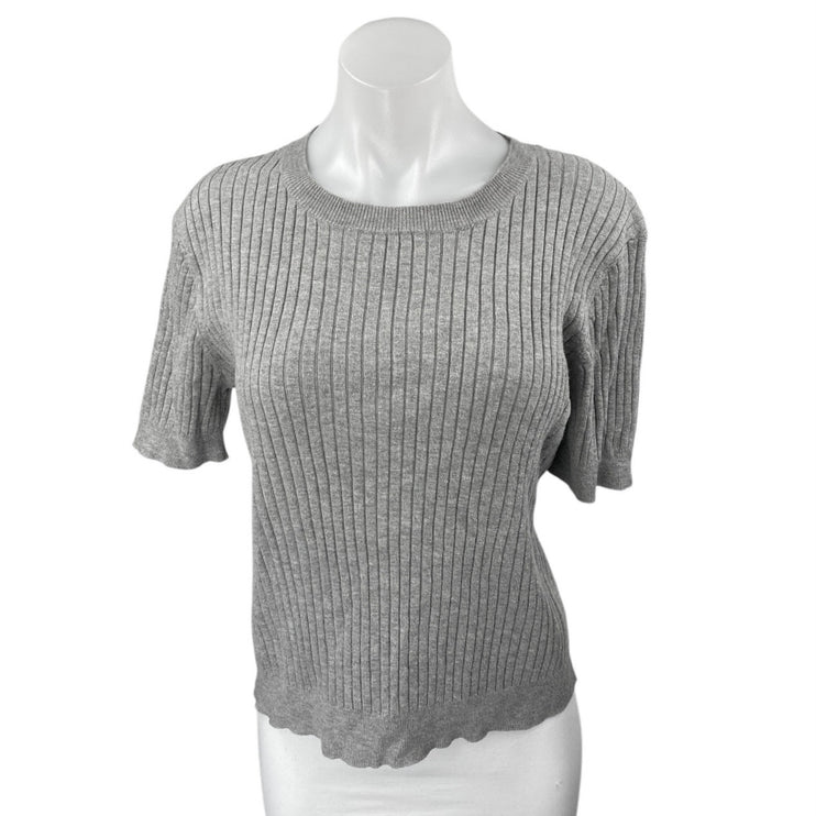 Aqua Women's Gray Ribbed Knit Short Sleeve Crew Neck Slim Fit Sweater Top Size S