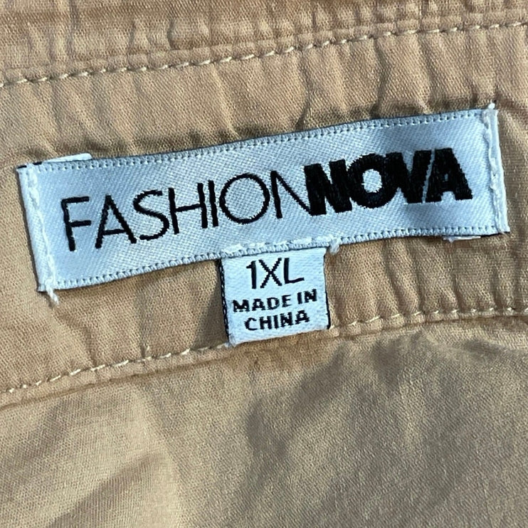 Fashion Nova Women's Tan Long Balloon Sleeve Button Down Shirt Bodysuit Top 1X