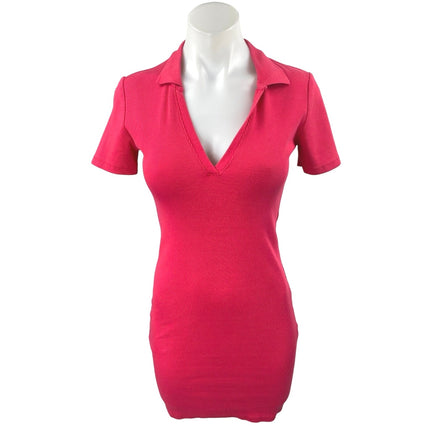 Zara Pink Rib Knit Collar V-neck Short Sleeve Mini Bodycon Sweater Dress Size M