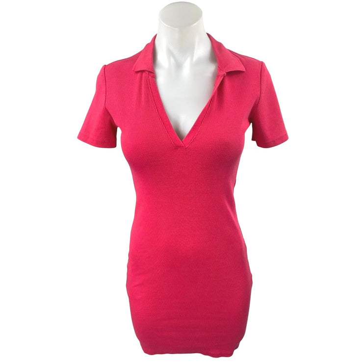 Zara Pink Rib Knit Collar V-neck Short Sleeve Mini Bodycon Sweater Dress Size M