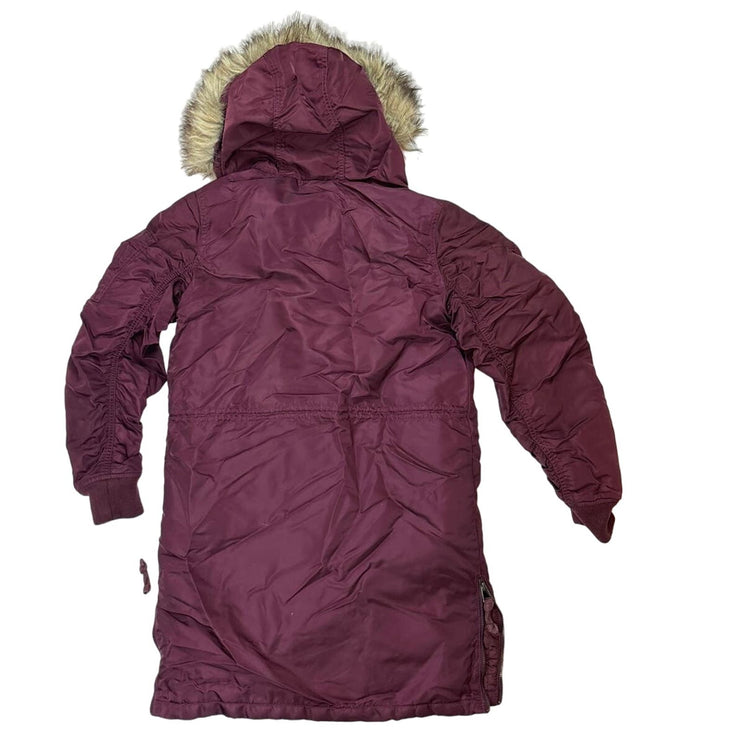 Abercrombie &amp; Fitch Womens Deep Red Maroon Fur Trim Hooded Lined Water Resistant Button Down Sleeve zip Pocket 100% Nylon Puffer Parka Coat Jacket Size XS