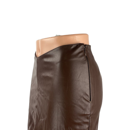 H&M Brown Faux Leather Vegan Mid Waist Y2k Zip Boho Pencil Mini Skirt Size XS