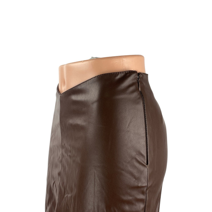 H&M Brown Faux Leather Vegan Mid Waist Y2k Zip Boho Pencil Mini Skirt Size XS