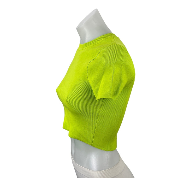 Zara Womens Neon Green Short Sleeve Ribbed Knit Crewneck T Shirt Crop Top Size S