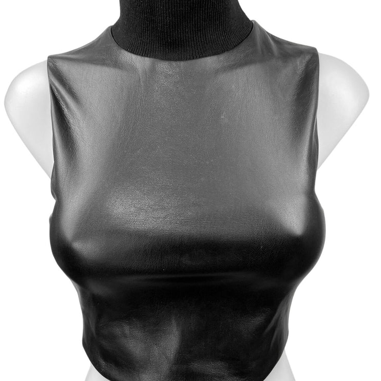 Alice + Olivia Black Faux Leather Vegan Turtleneck Sleeveless Crop Top Size S