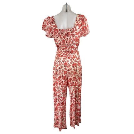Find Me Now Red Floral Short Puff Sleeve Smocked Tie Waist Crop Jumpsuit Size M