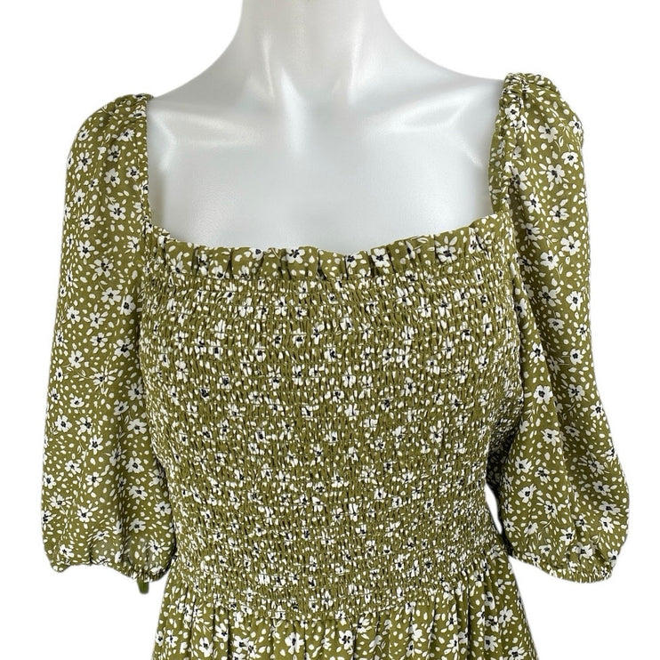 Ann Taylor Green Floral Short Sleeve Smocked Ruffle Tiered Maxi A-Line Dress 8