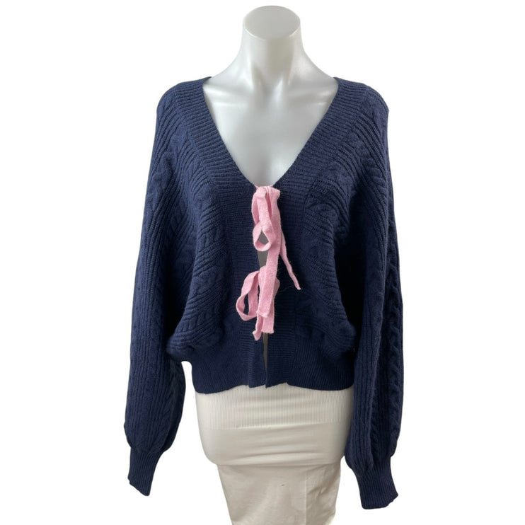 Cider Women's Navy Blue V Neck Cable Knit Tie Knot Cardigan Sweater Top Size 2XL