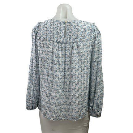 Ann Taylor LOFT Blue Mosaic Floral Long Sleeve Ruffle Crewneck Blouse Top MP