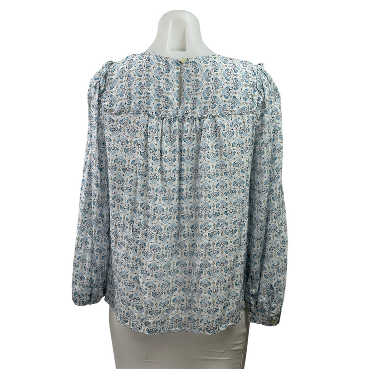 Ann Taylor LOFT Blue Mosaic Floral Long Sleeve Ruffle Crewneck Blouse Top MP