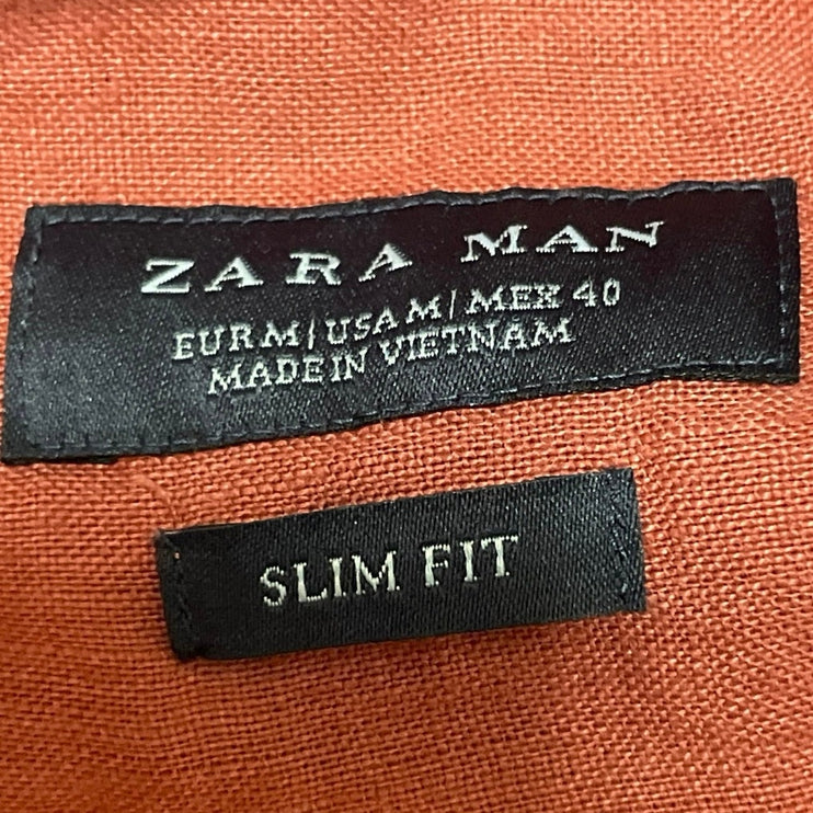 Zara Men's Terracotta Linen Long Sleeve Slim Fit Button Down Shirt Top Size M