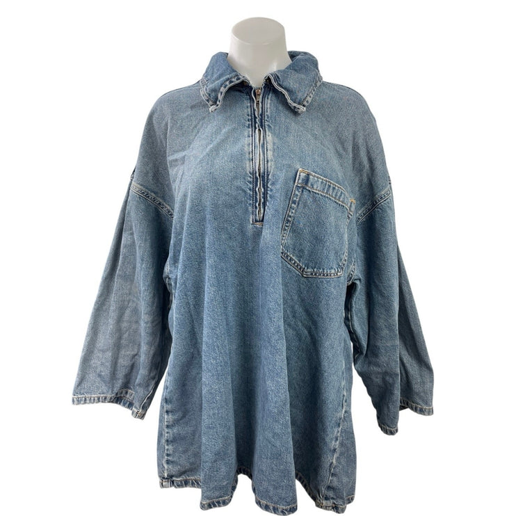 Zara Women's Blue Long Sleeve Half Zip Denim Jeans Maternity Tunic Top Size S