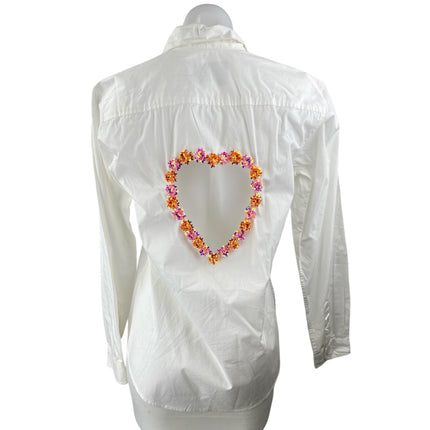 Sarto White Beaded Button Down Heart CutOut Long Sleeve Shirt Blouse Top Size S