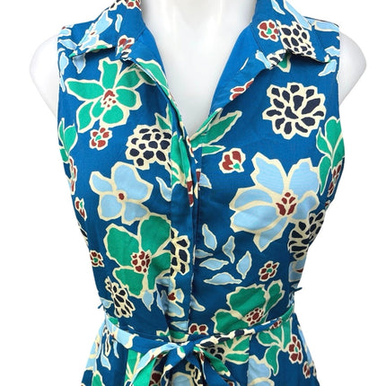 Banana Republic Blue Green Floral Sleeveless Tie Waist A Line Mini Dress Size 2