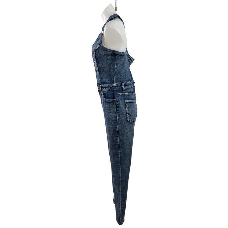 Venus Blue Medium Wash Button Scoop Neck Denim Jean Skinny Overall Jumpsuit 10