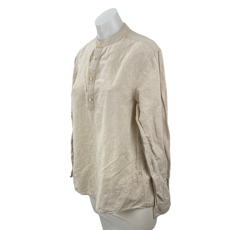 Zara Women's Beige Linen Mock Neck Button Front Long Sleeve Shirt Top Size M