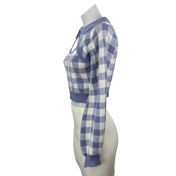 Lola May Women's Blue Gingham Check Long Sleeve Knit Cropped Sweater Top Size 8
