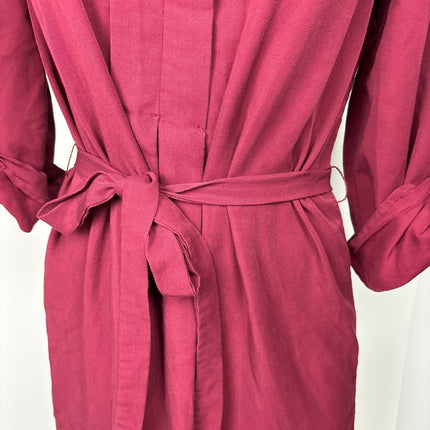 Studio M Maroon Burgandy 3/4 Roll Tab Sleeve Tie Belt Mandarin Collar Dress Sz S