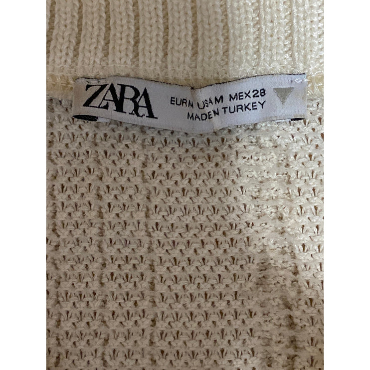 Zara Women's Cream Cable Knit Short Sleeve Button Down Sweater Crop Top Size M