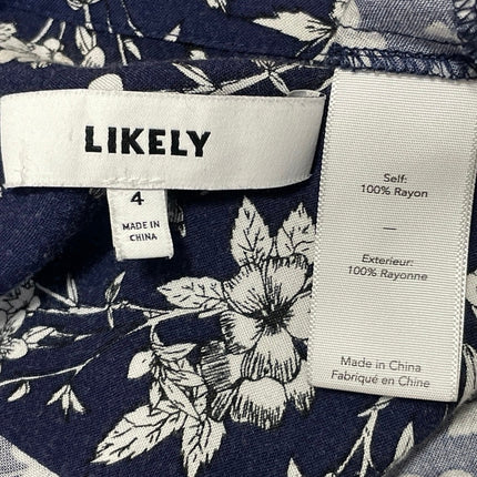 Likely Blue Floral Long Bell Sleeve Deep V Neck Midi Fit & Flare Dress Size 4