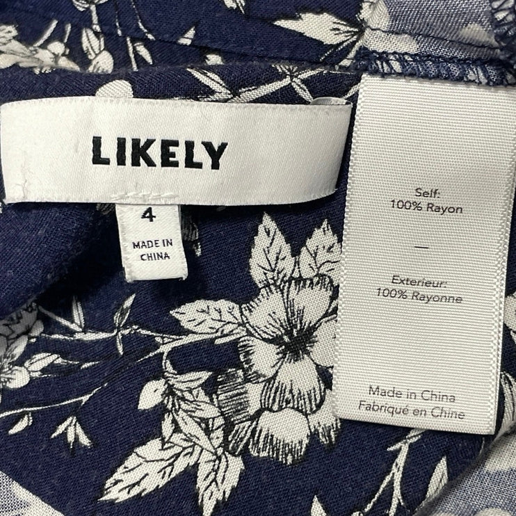 Likely Blue Floral Long Bell Sleeve Deep V Neck Midi Fit & Flare Dress Size 4