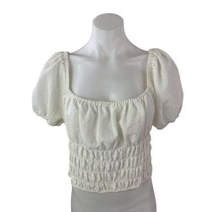 Elodie White Smocked Square Neck Short Puff Sleeve Peasant Crop Blouse Top Sz XL